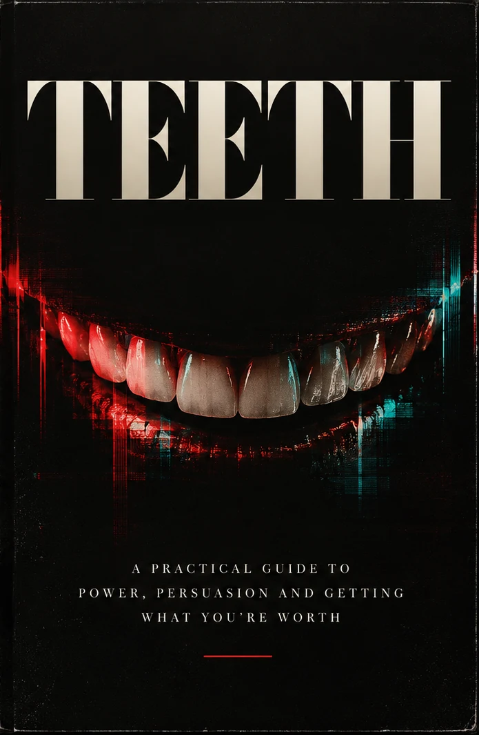TEETH by Sam Cross book cover: a glitched red and cyan smile beneath the title, with the subtitle A practical guide to power, persuasion and getting what you're worth.